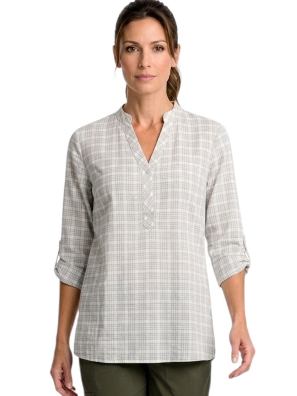 Columbia Tan Plaid 100% Cotton Roll Tab 3/4 Sleeve Shirt  Size M